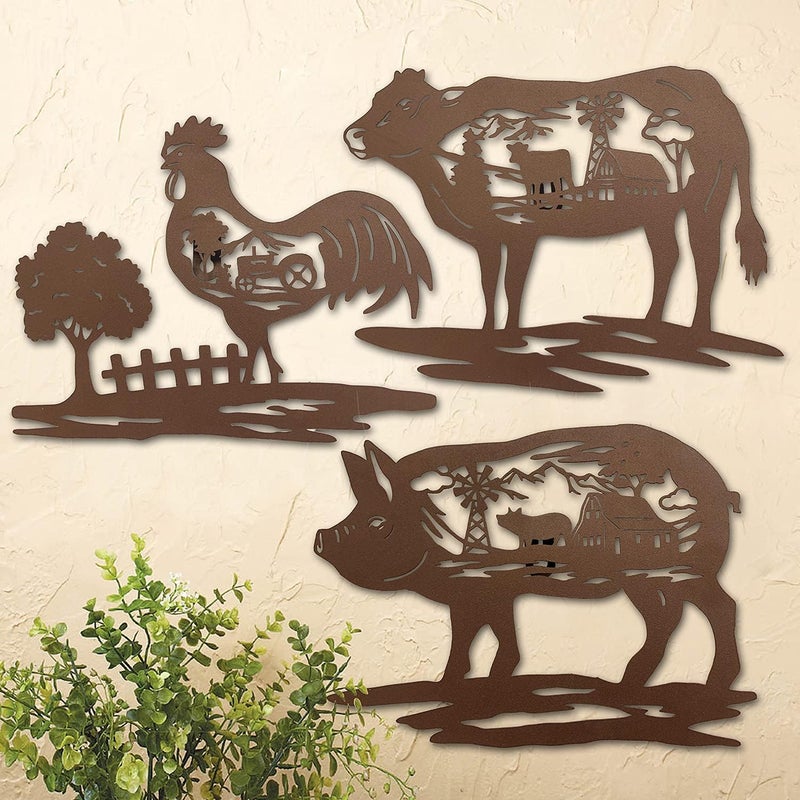 J-Fly Farm Wall Decor Farmhouse Metal Wall Art Pig Cow Rooster, 9 Inch set of 3, House Decorations for Living Room Bedroom Valentine, Rustic Farm Animal Windmill Décor for Indoor Outdoor Lodge - Image 4